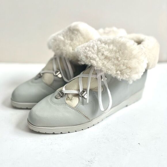 La Canadienne Wedge Heel Boots Pale Dove Gray White Leather Shearling Size 7 - Picture 4 of 13